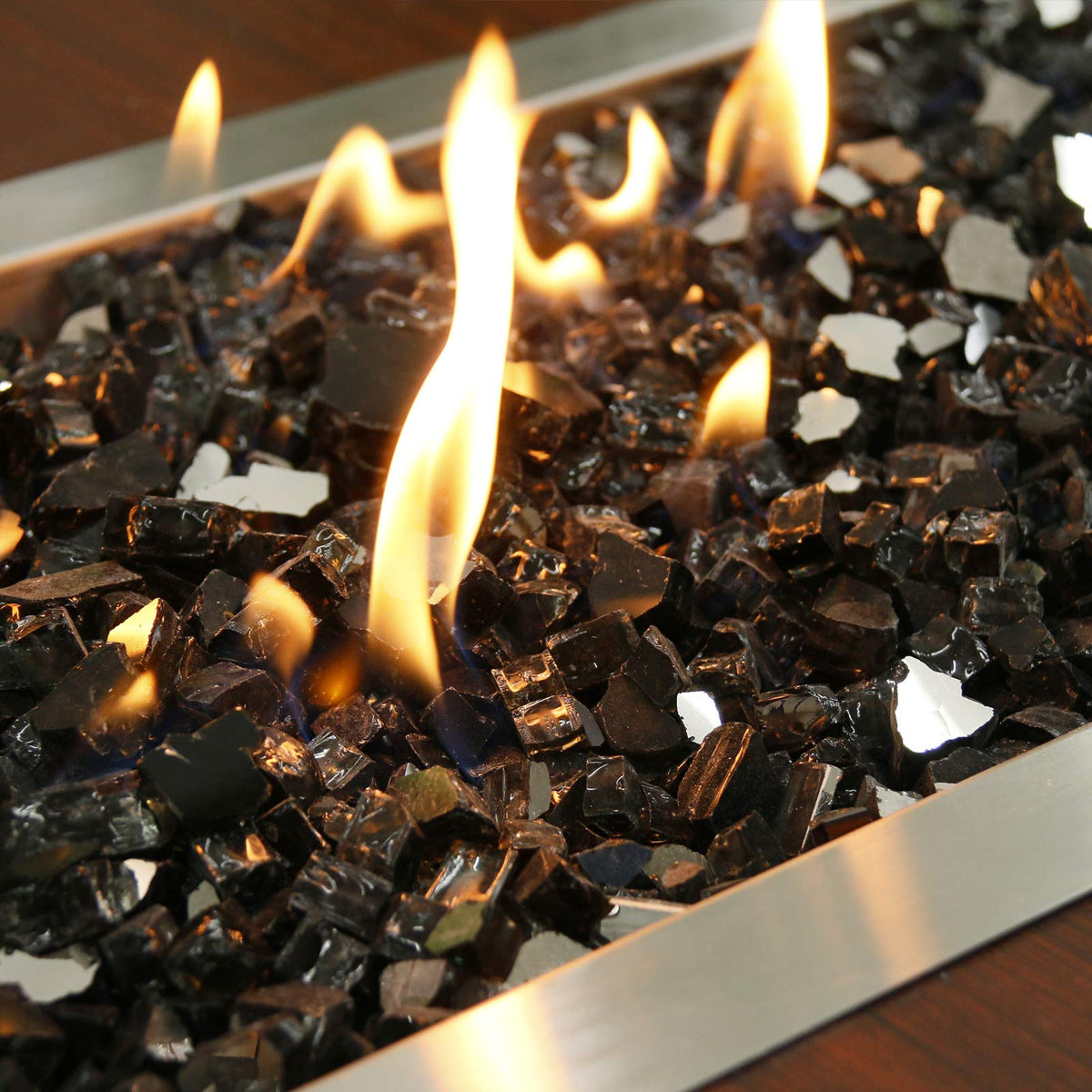 GRISUN Onyx Black fire pit glass reflection adds shimmering glow to any pit