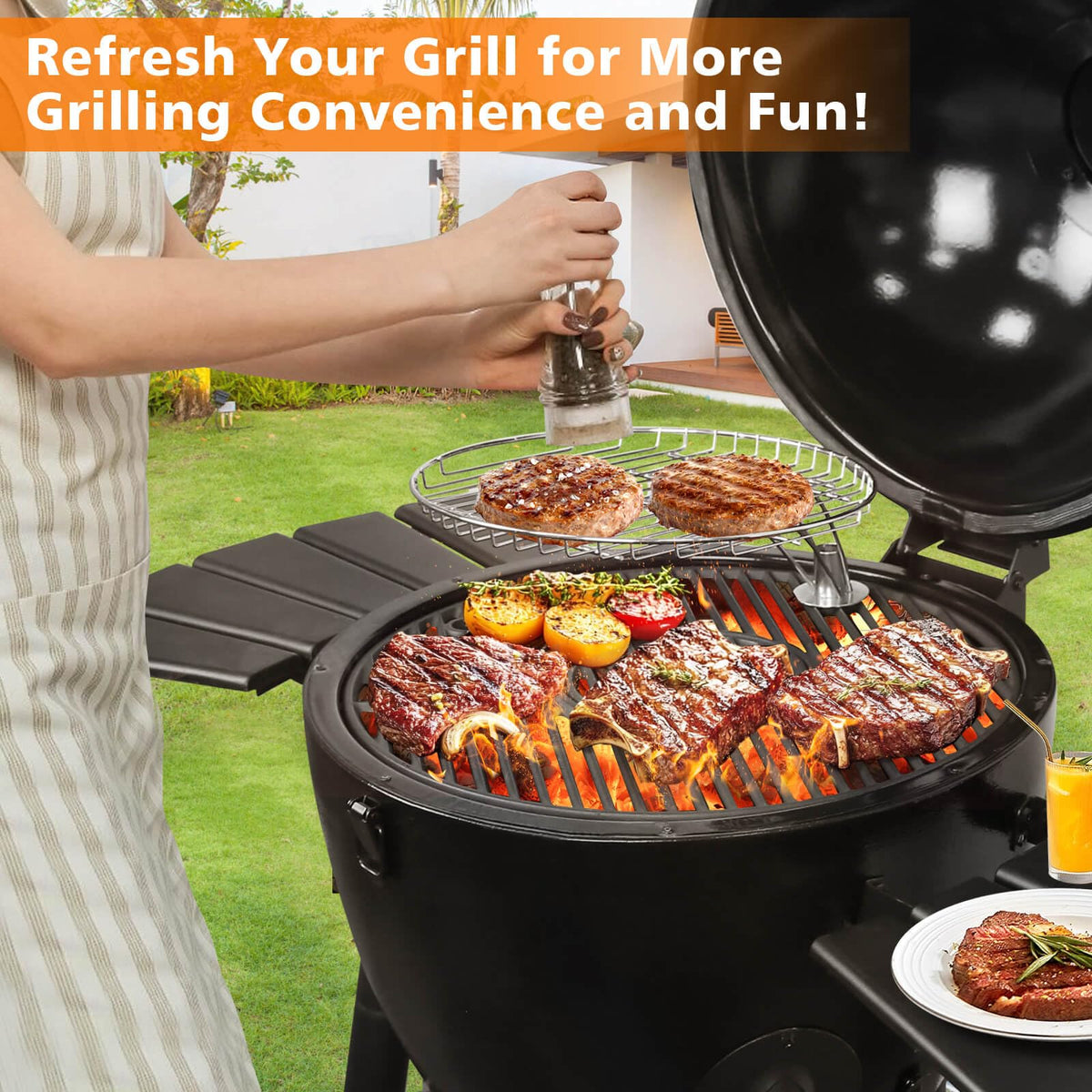 GRISUN round grate creates professional sear marks on meats and veggies.