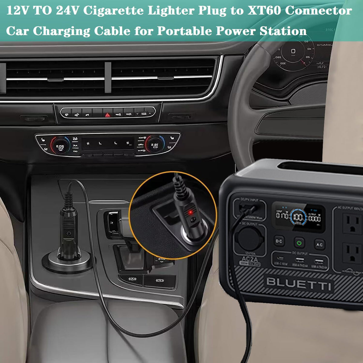 GRNPOWCN car charger cable shown with safety features and fuse.