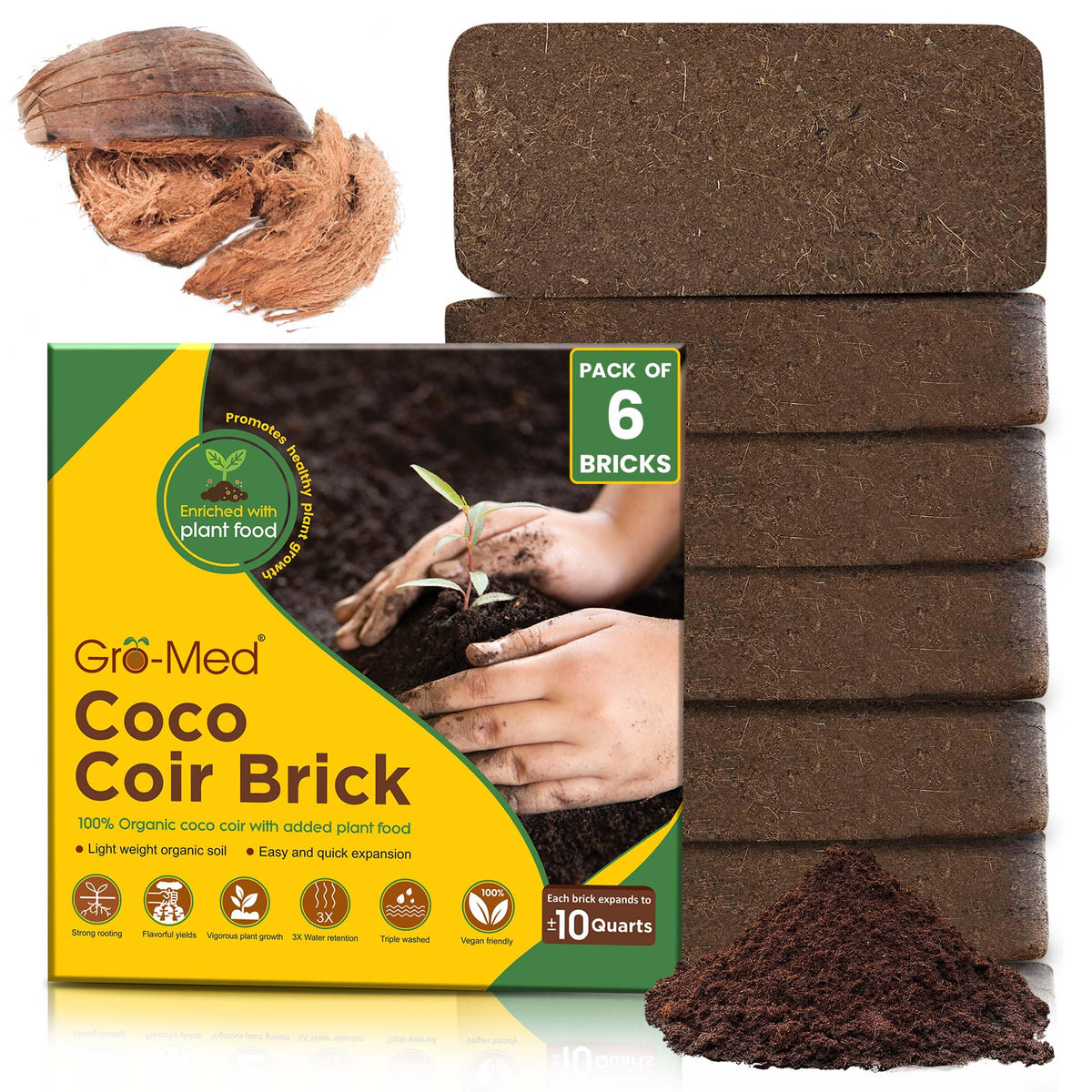 Gro-Med Coco Coir brick 6-pack compact view ready to expand into soil.