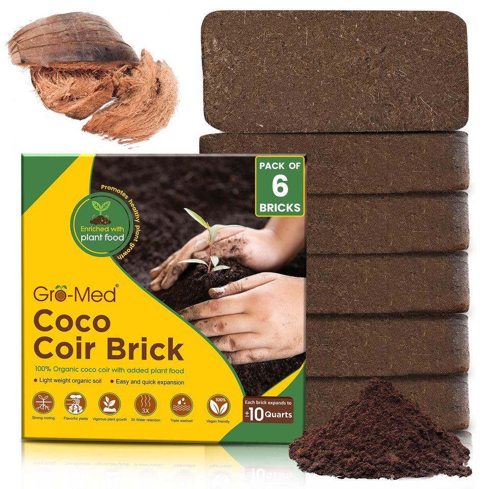 Gro-Med Coco Coir brick 6-pack compact view ready to expand into soil.