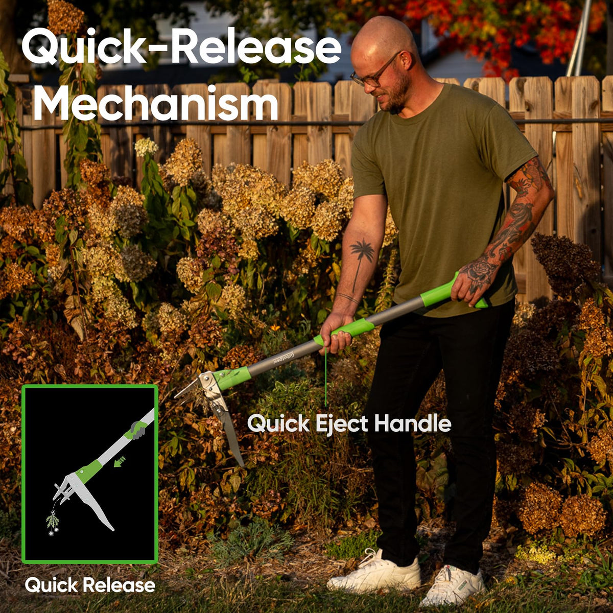 Automatic retractable spring and quick-release mechanism streamline weed removal.
