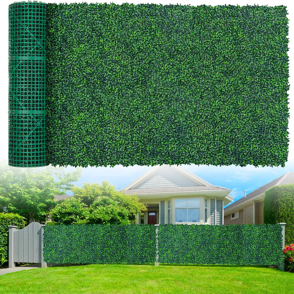 Grooy Boxwood Roll Panel covers 40 sq ft with dense, lifelike leaves for privacy.