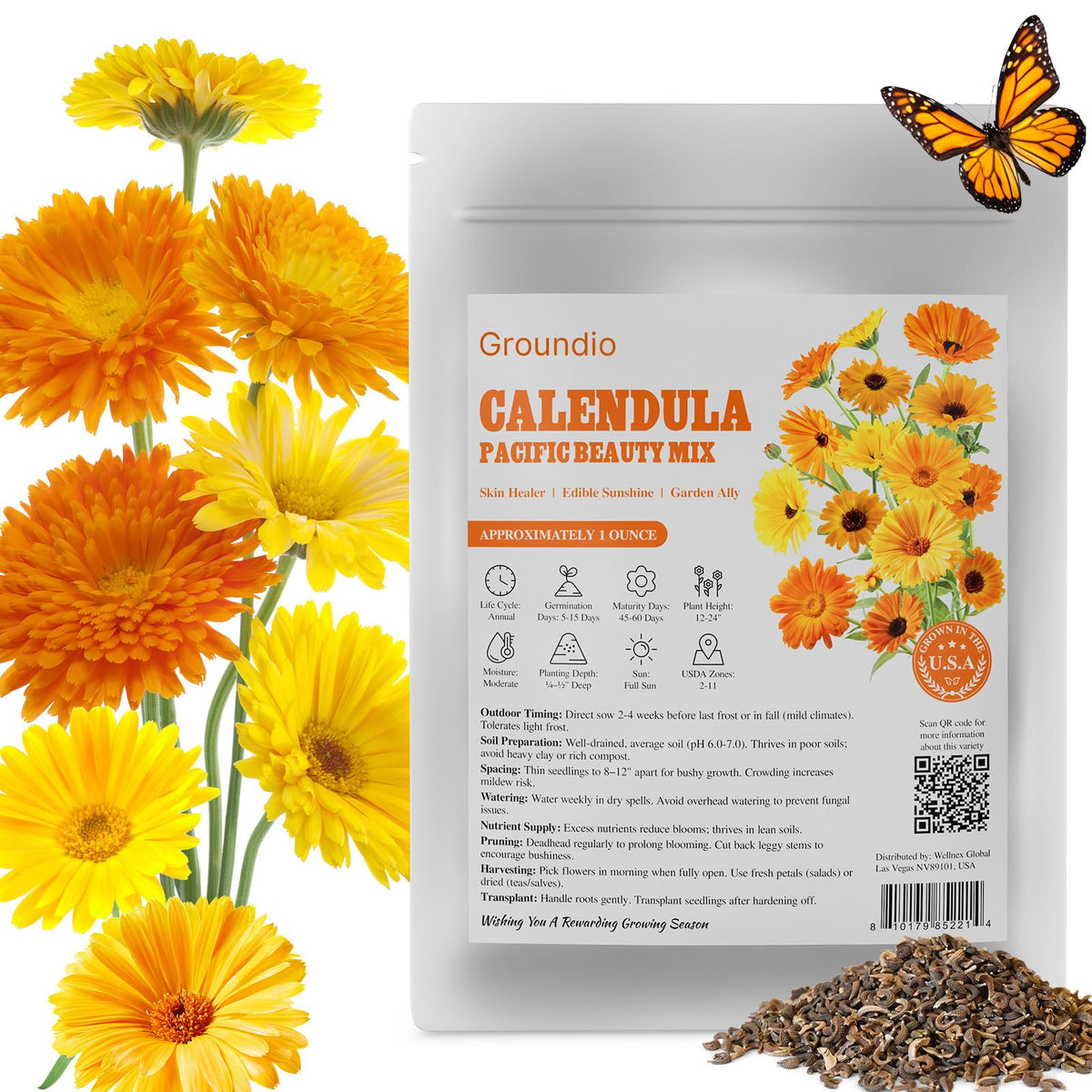 Groundio Calendula Pacific Beauty Mix packaging shown for long shelf life.