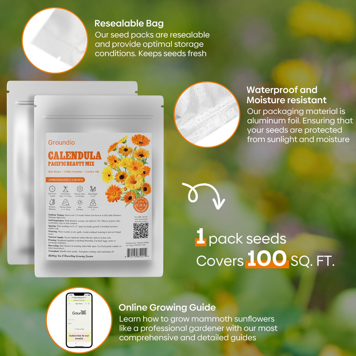 Groundio Calendula Pacific Beauty Mix grown in the USA for trusted sourcing.