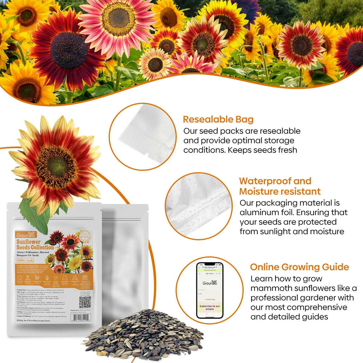 Groundio seeds in moisture-proof packaging with a planting guide included.