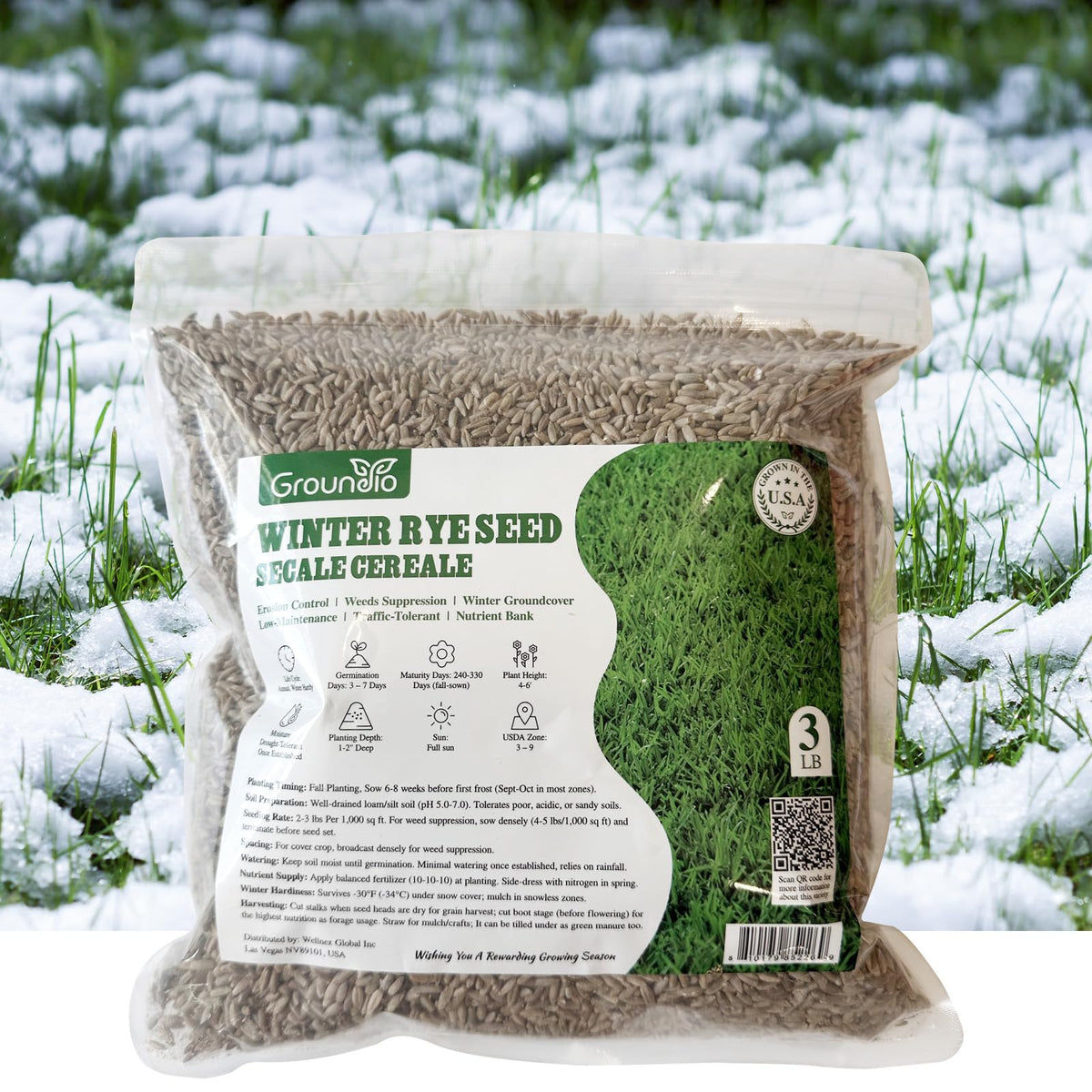 Groundio Winter Rye Seeds bag showing premium non-GMO cover crop for winter lawns