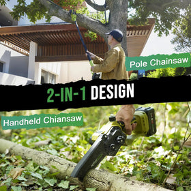Grovecraft 2-in-1 extended-reach with telescopic pole reaching higher branches
