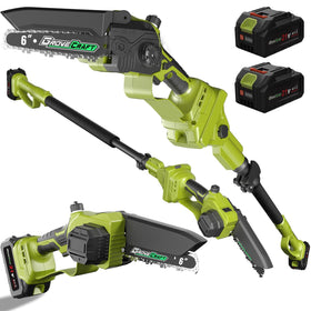 Grovecraft 2-in-1 pole saw front view showing compact handheld setup for easy handling