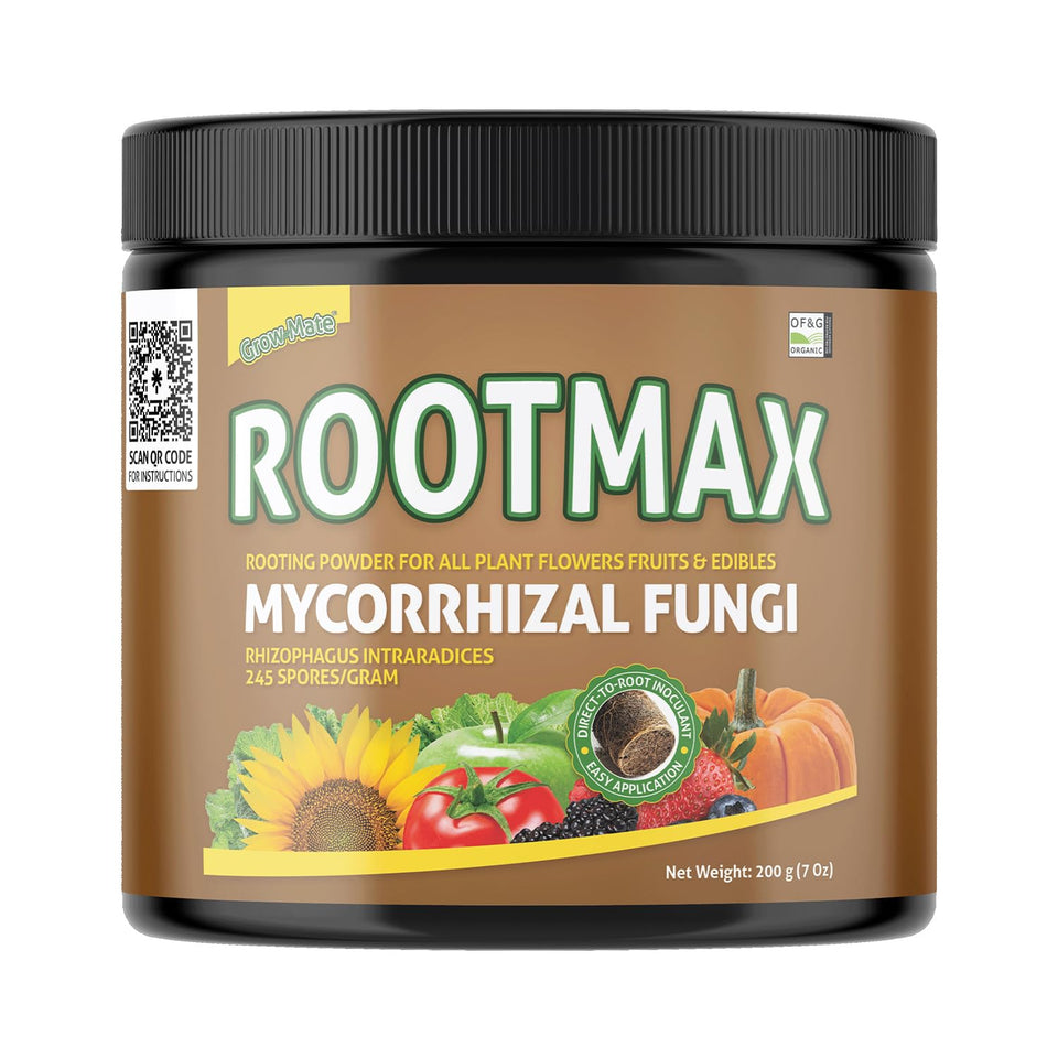 Grow Mate RootMax powder jar showing an easy rooting aid for all plants.