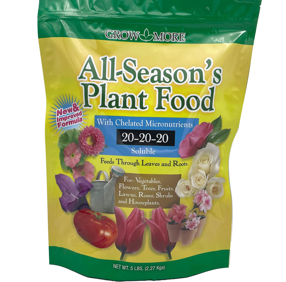 Grow More All-Season Plant Food bottle shows convenient 5lb packaging for year-round feeding.