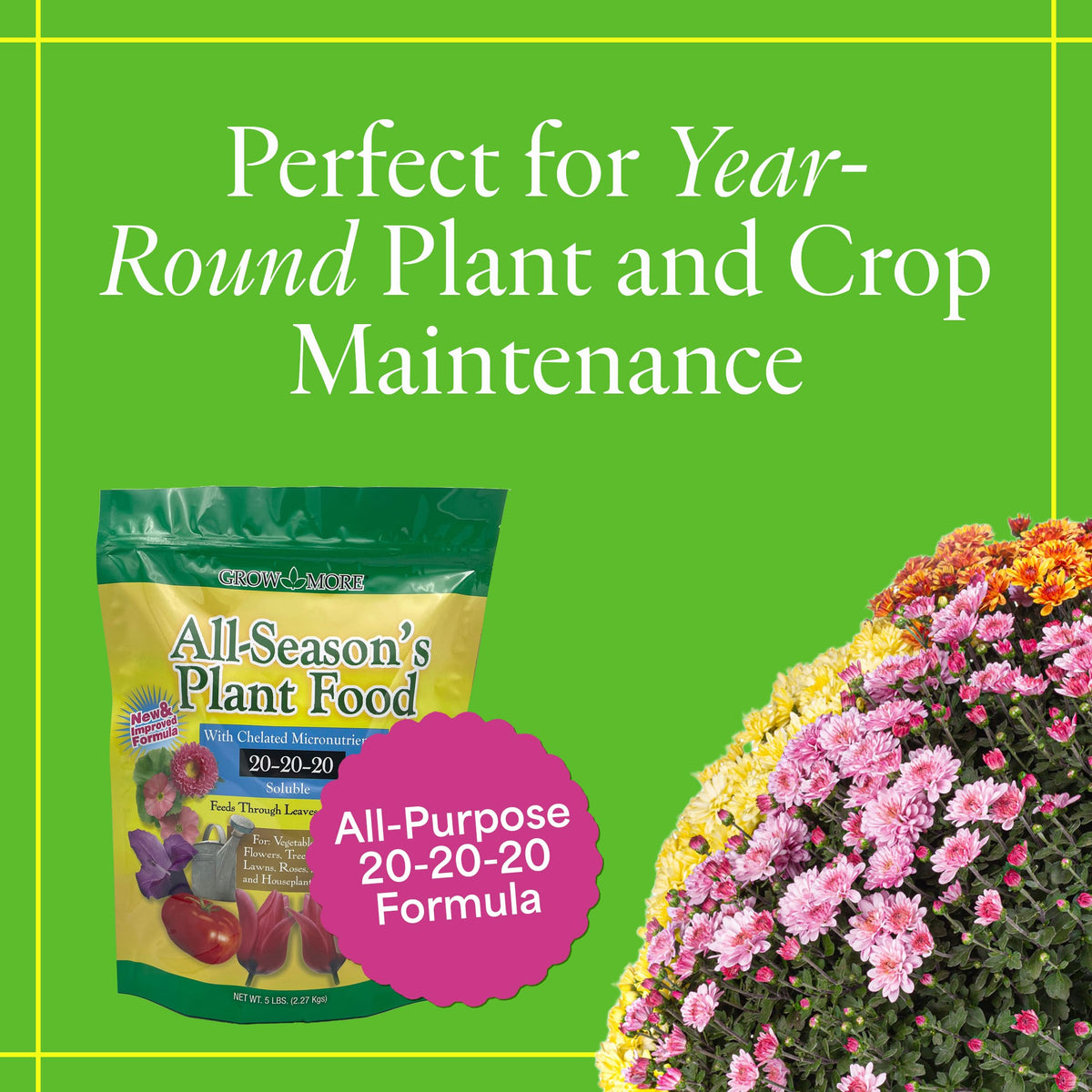 Grow More All-Season Plant Food pack illustrating bulk option for large gardens.