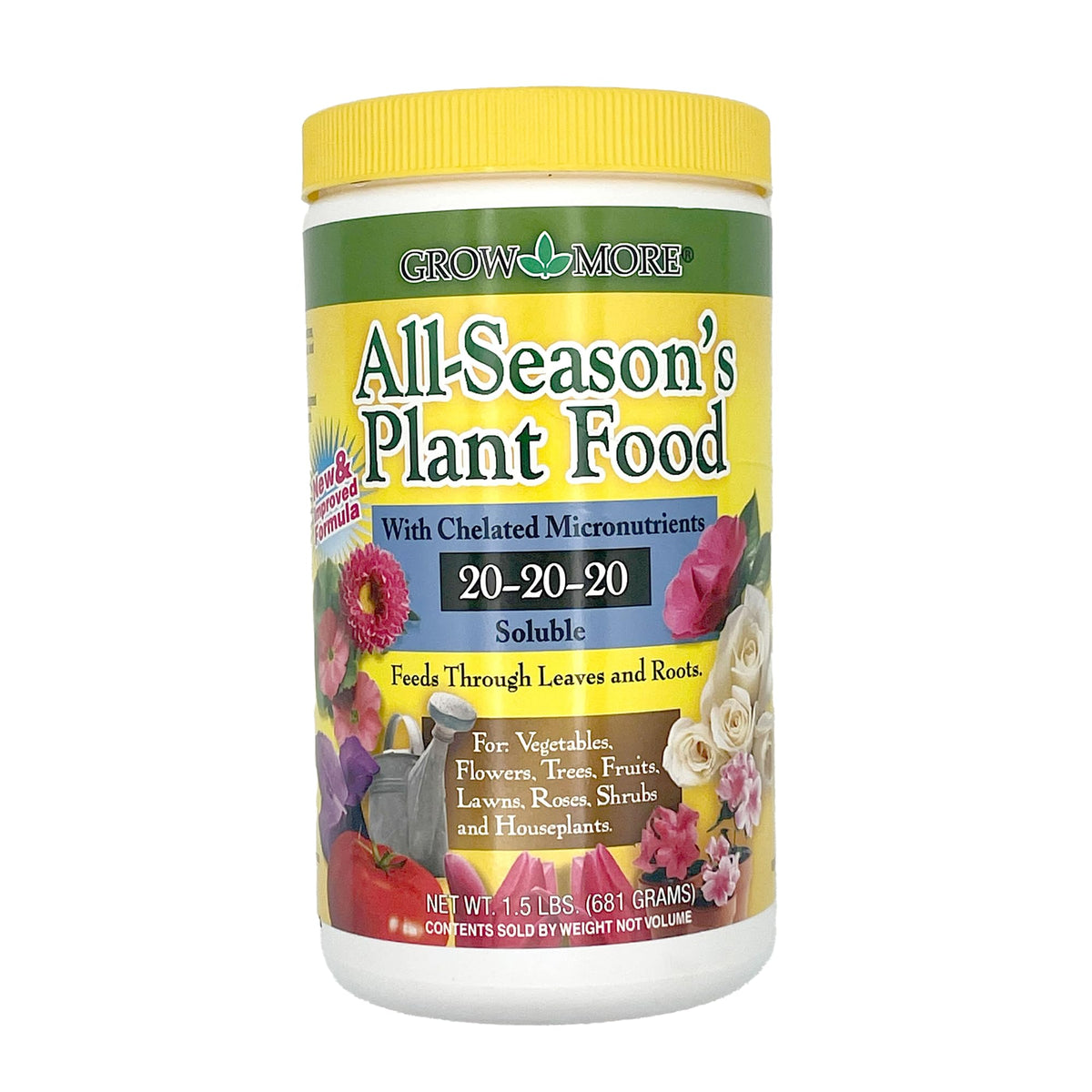 Grow More All-Season Plant Food bottle being poured for quick, even feeding