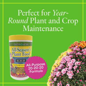 Grow More All-Season Plant Food packaging displays 20-20-20 formula for versatile feeding