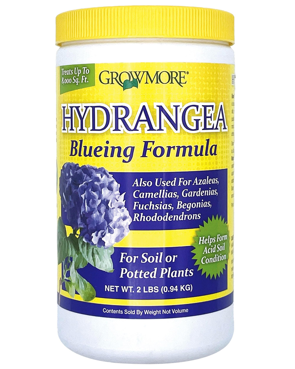 Grow More Hydrangea Blueing Formula bottle pour shows easy application for color shift.