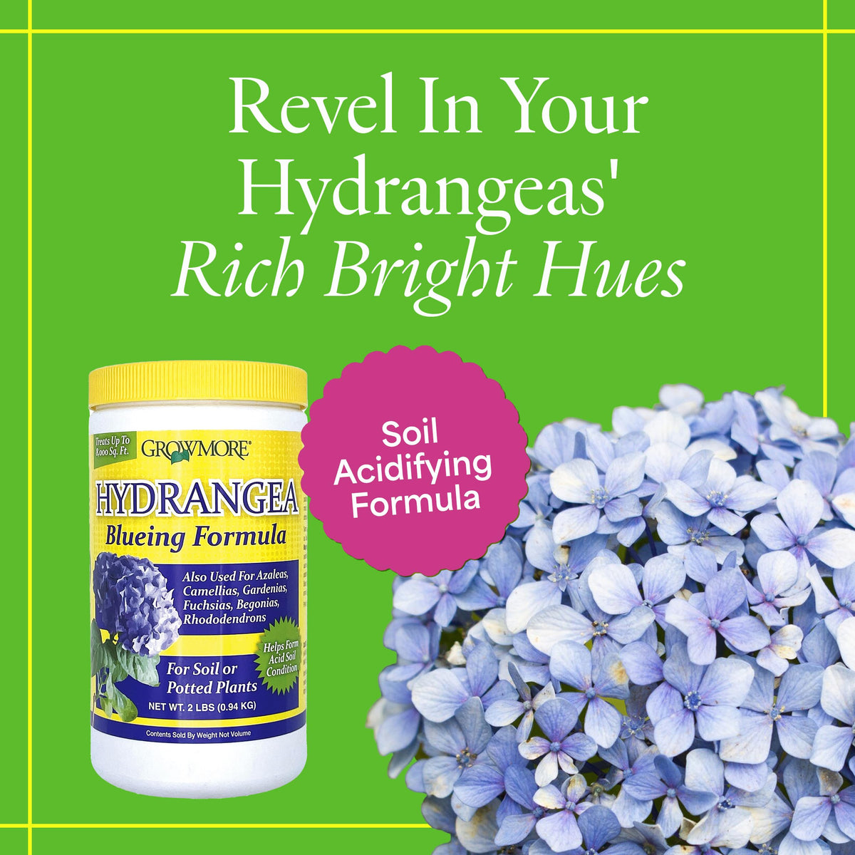 Grow More Hydrangea Blueing Formula for potted plants supports soil acidity and blooms.