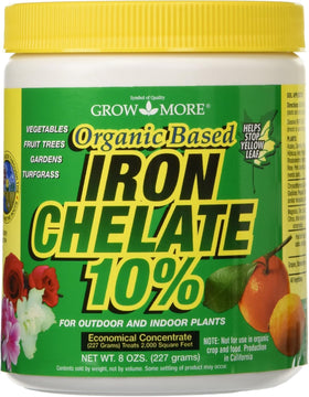 Grow More iron chelate bottle close-up for vibrant, green leaves.