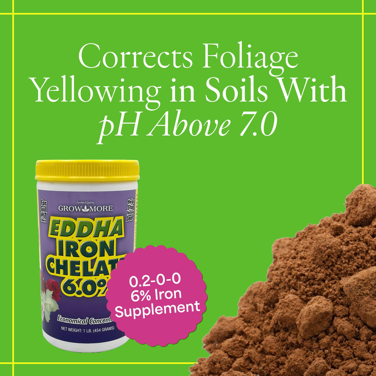 Grow More iron chelate dissolves in water for fast mixing.