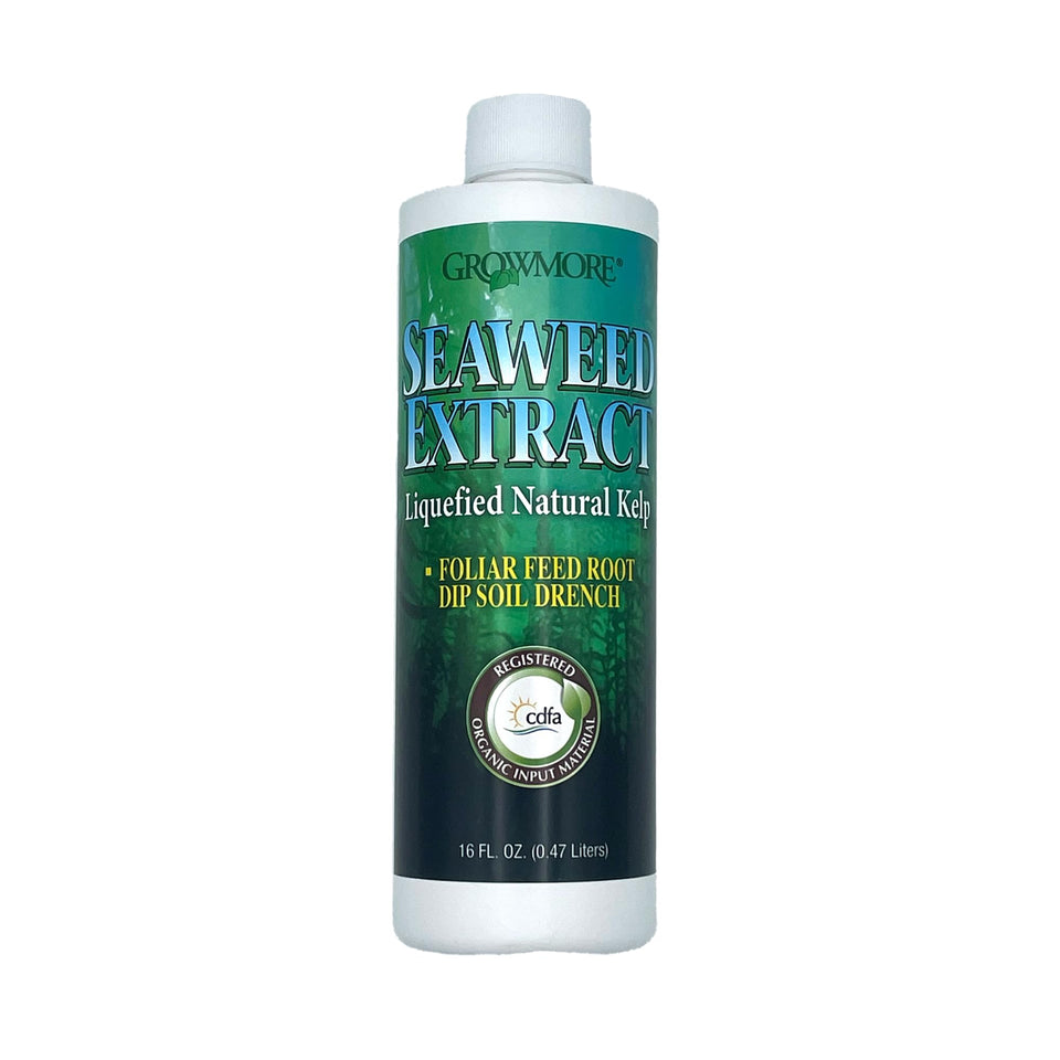Grow More liquified seaweed extract bottle boosts root growth and vibrant foliage.