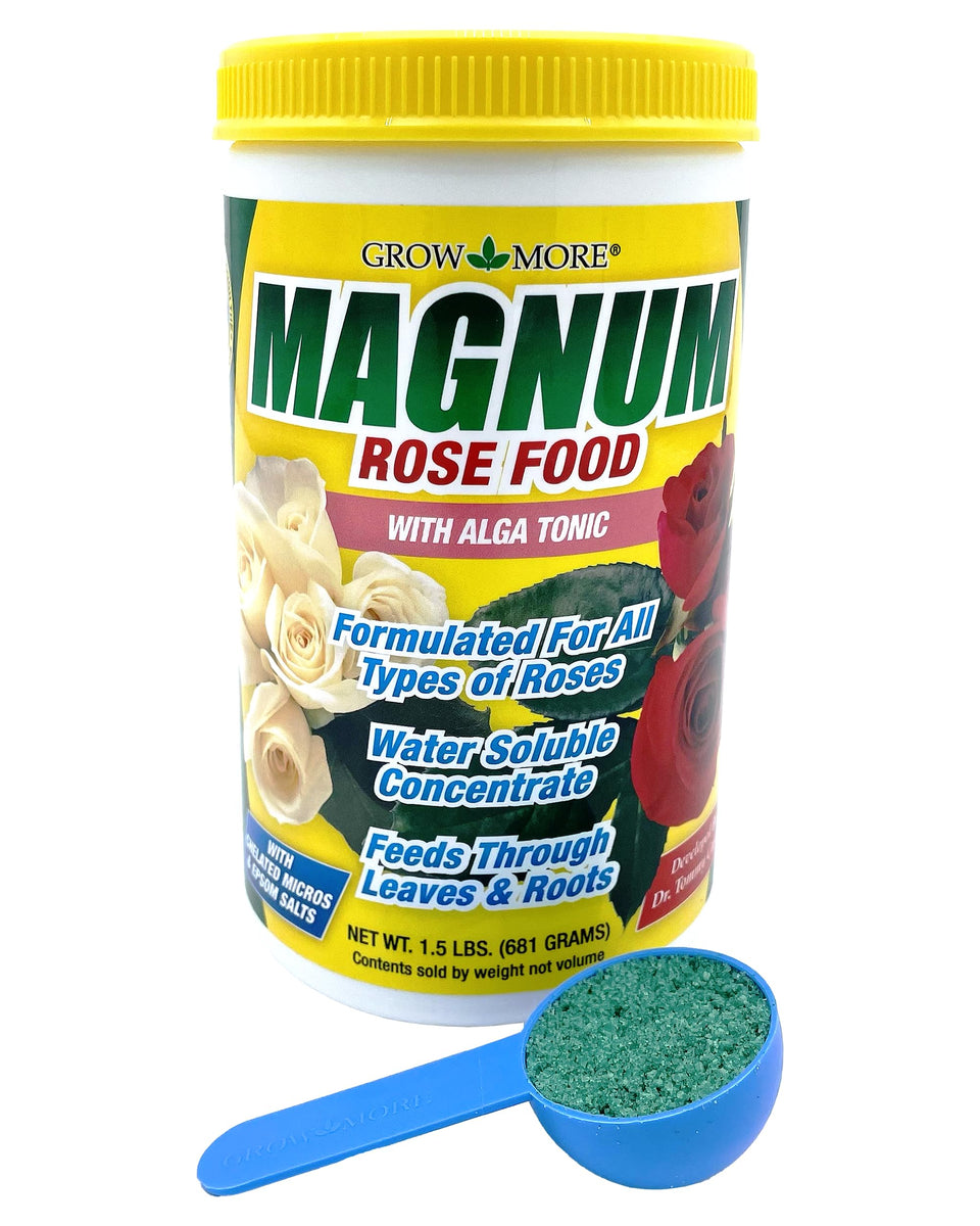 Grow More Magnum Rose Fertilizer bottle feeds roses for vibrant growth.