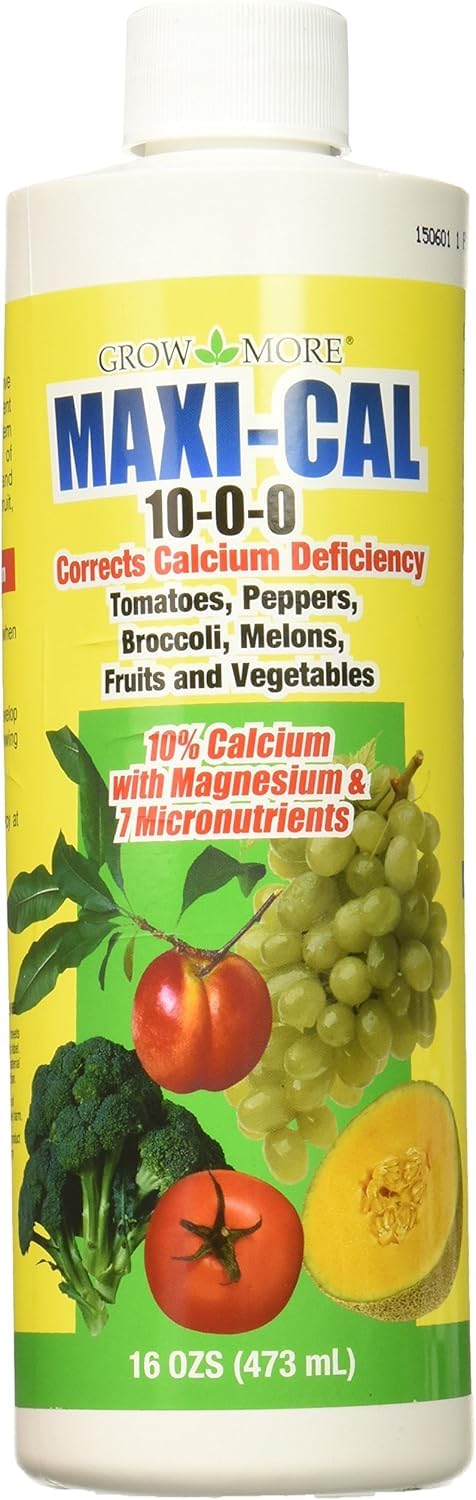 Grow More Maxi-Cal bottle of calcium nitrate fertilizer supports healthy growth
