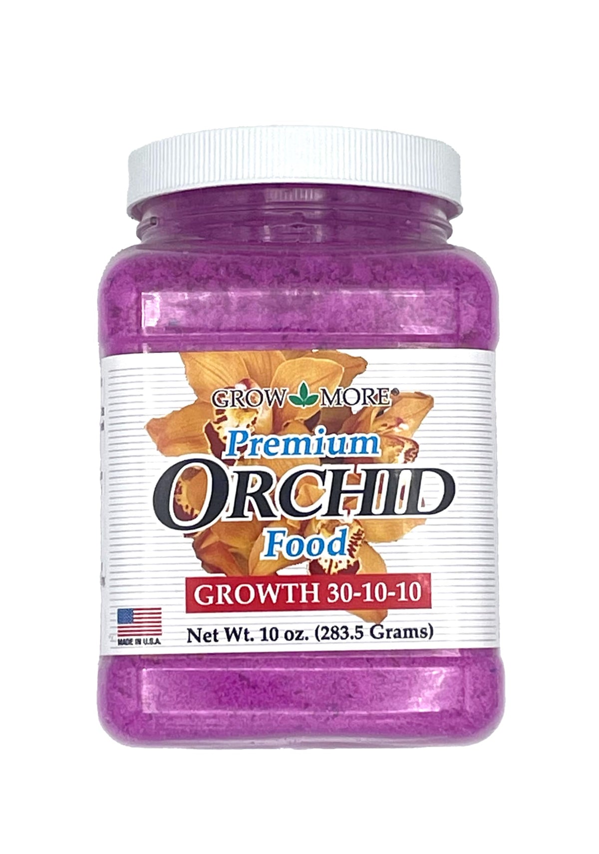 Grow More premium growth formula 30-10-10 orchid fertilizer label promoting strong growth