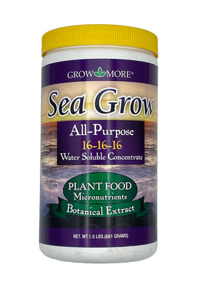 Grow More Sea Grow kelp fertilizer bottle powering lush plant growth