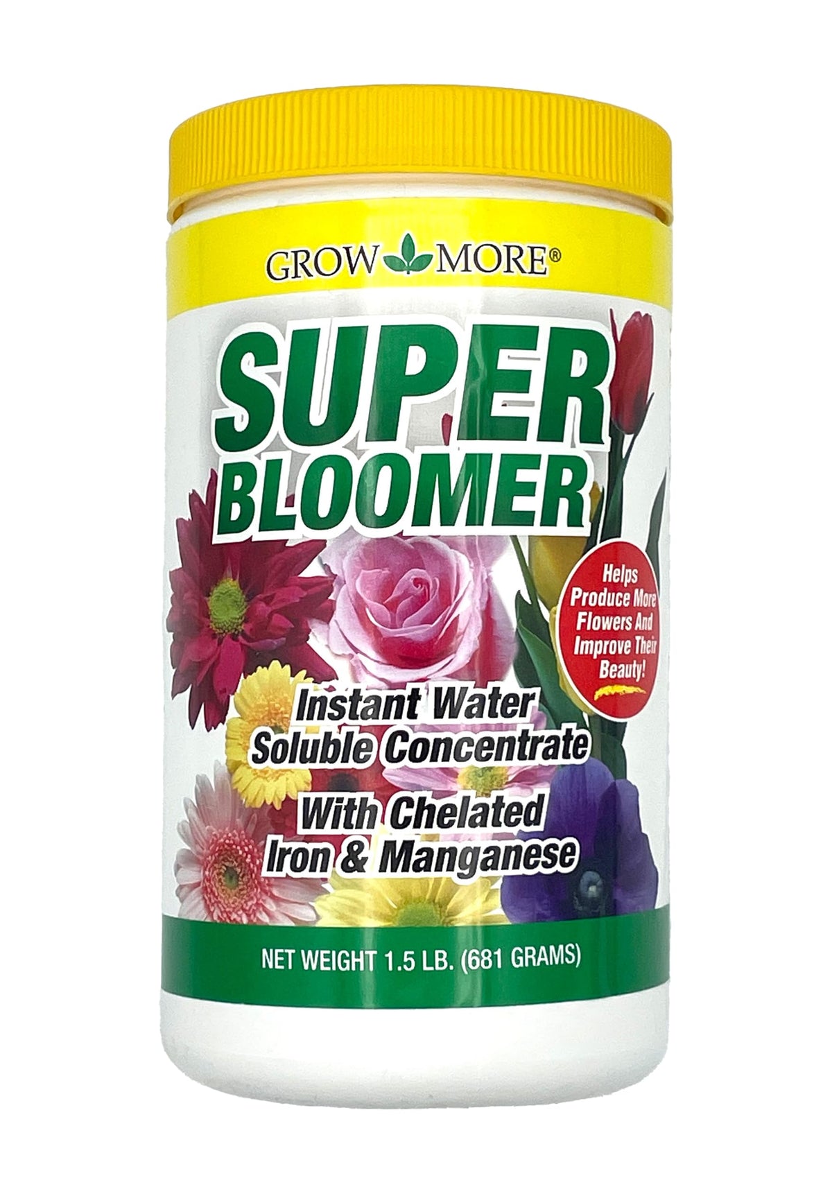 Grow More Super Bloomer bottle pour demonstrates quick uptake and even nutrient distribution for vibrant blooms.