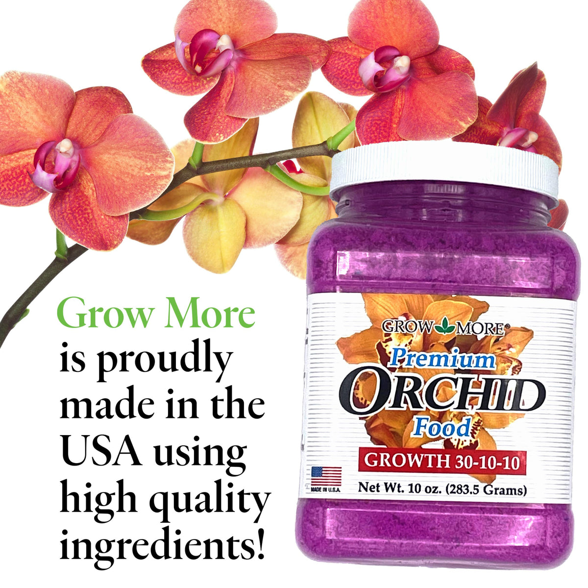 Grow More made in USA orchid fertilizer bottle highlights local production
