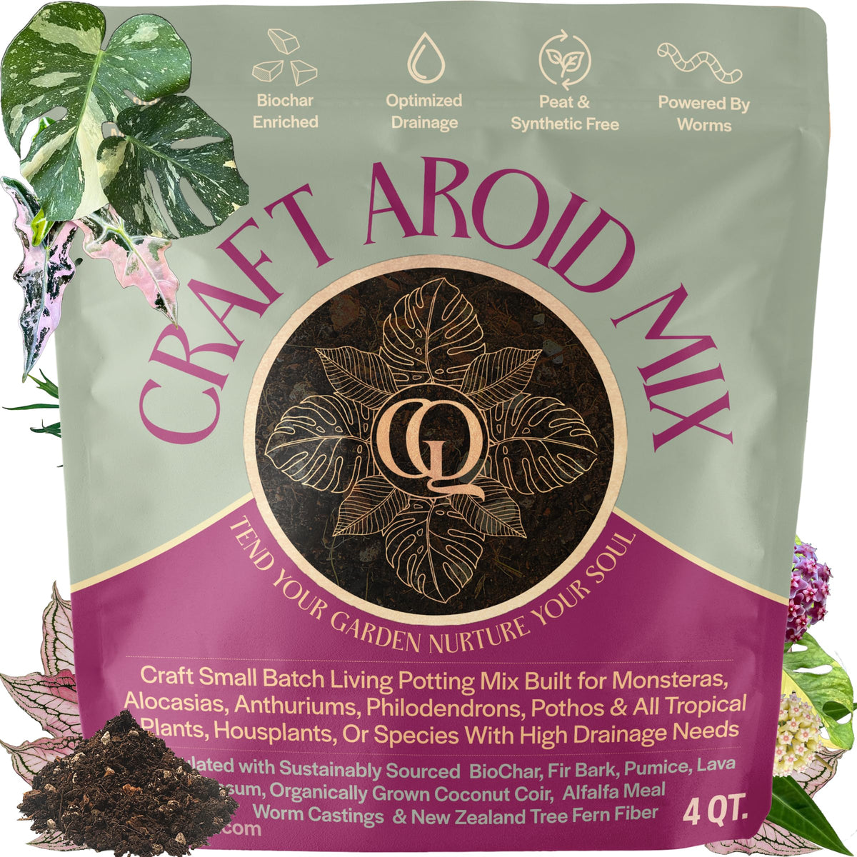 Grow Queen Craft Aroid Potting Mix bag; chunky soil ideal for tropical plants.