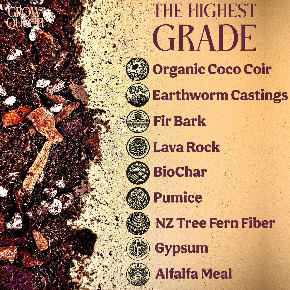 Grow Queen Craft Aroid Potting Mix tree fern fiber closeup indicates soil conditioning.