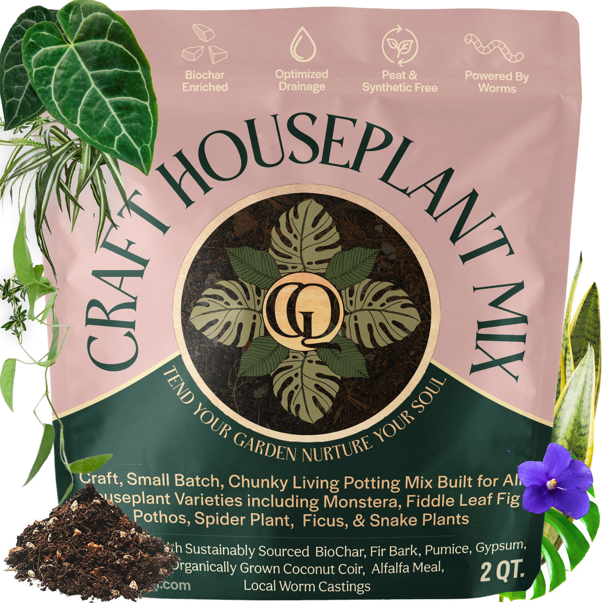 Grow Queen Craft Organic Potting Mix packaging highlighting peat-free formula for healthier indoor roots
