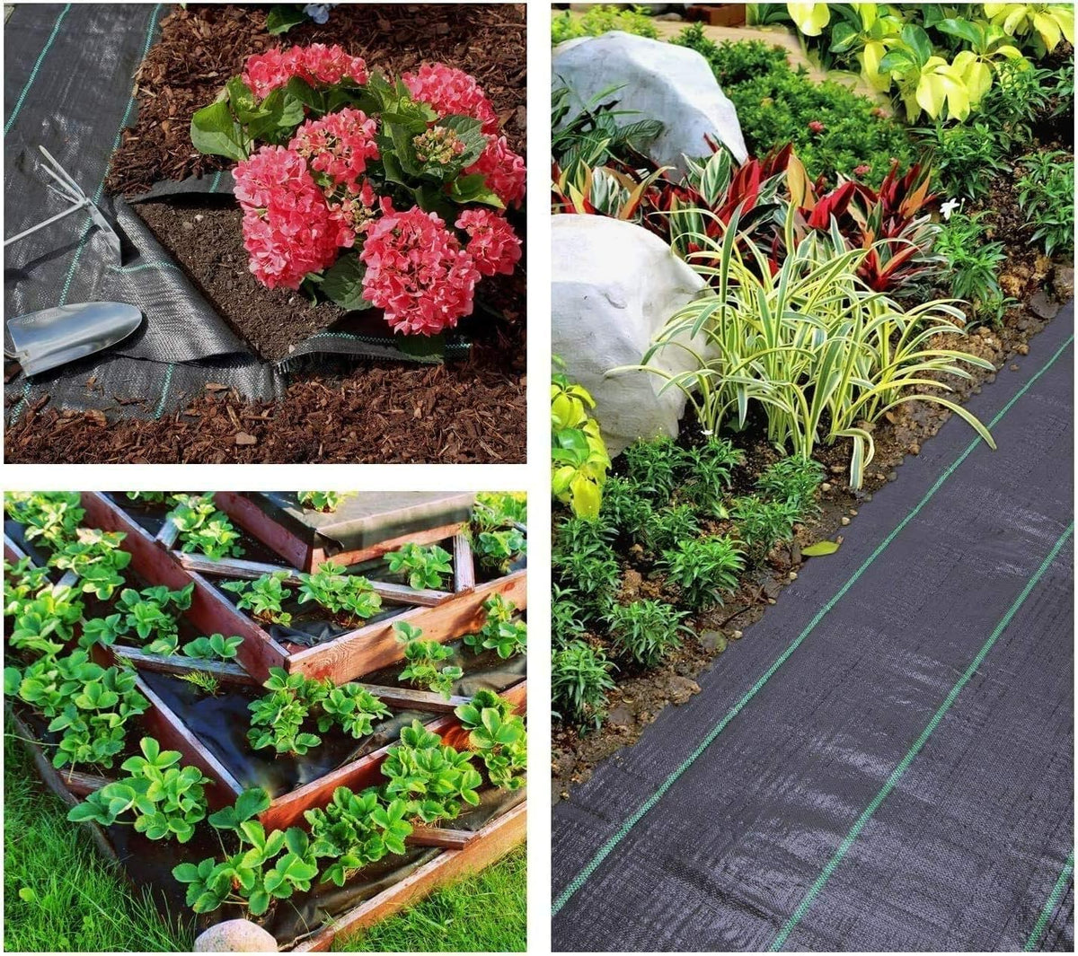 Groweco weed barrier fabric suits artificial grass, flower beds, and veggie paths.