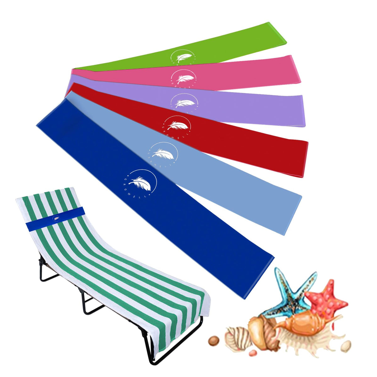 Growell towel bands 6-pack packaging shows compact travel-friendly beach accessory