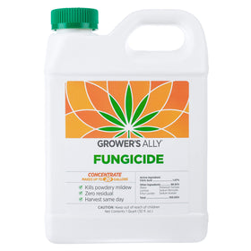 Grower's Ally fungicide concentrate bottle for indoor and outdoor plant protection against powdery mildew.