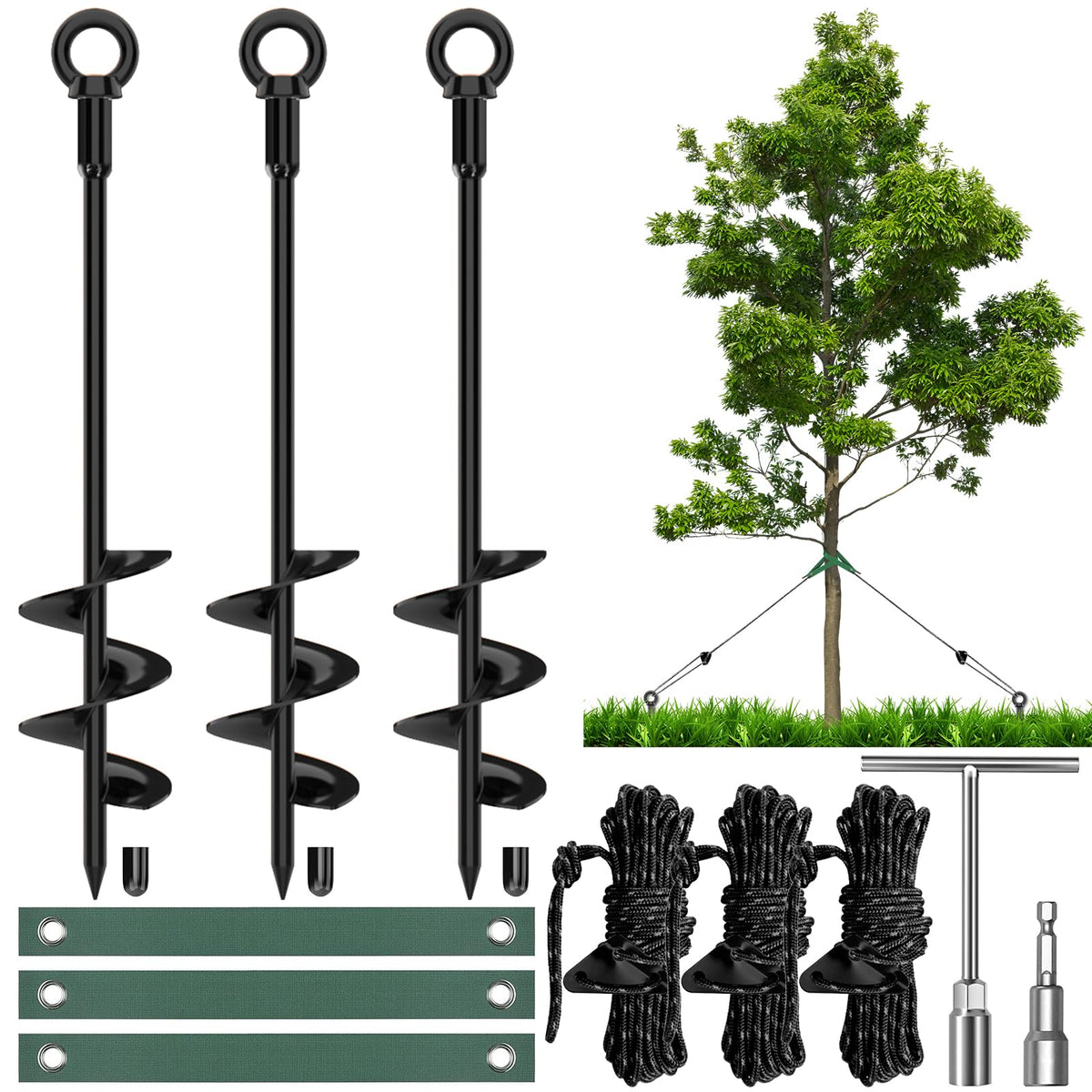 GrowGlow 18-inch spiral tree stake stabilizing a young tree in windy weather