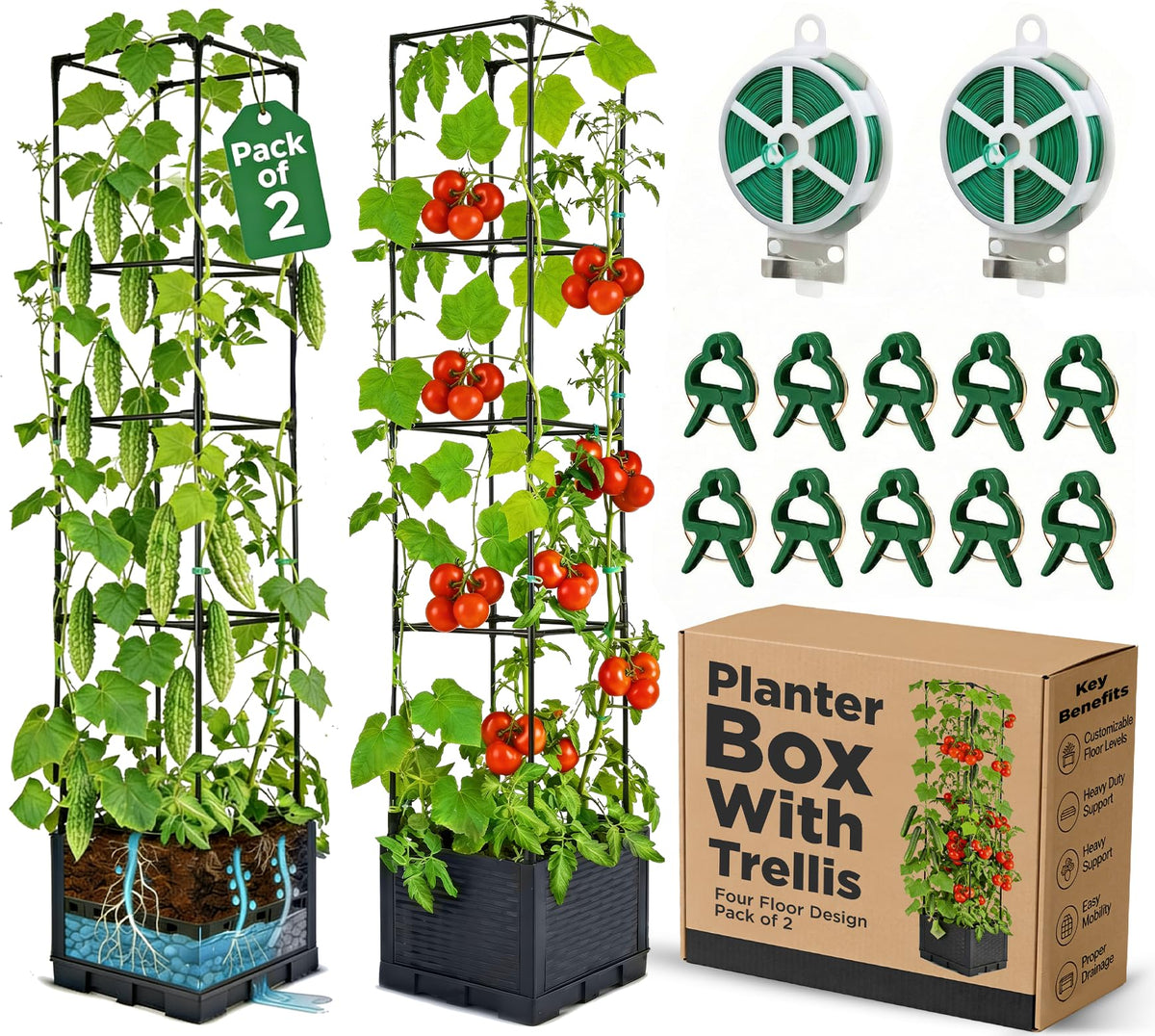 Growia tomato planter with 43-inch trellis for vertical growth and space saving