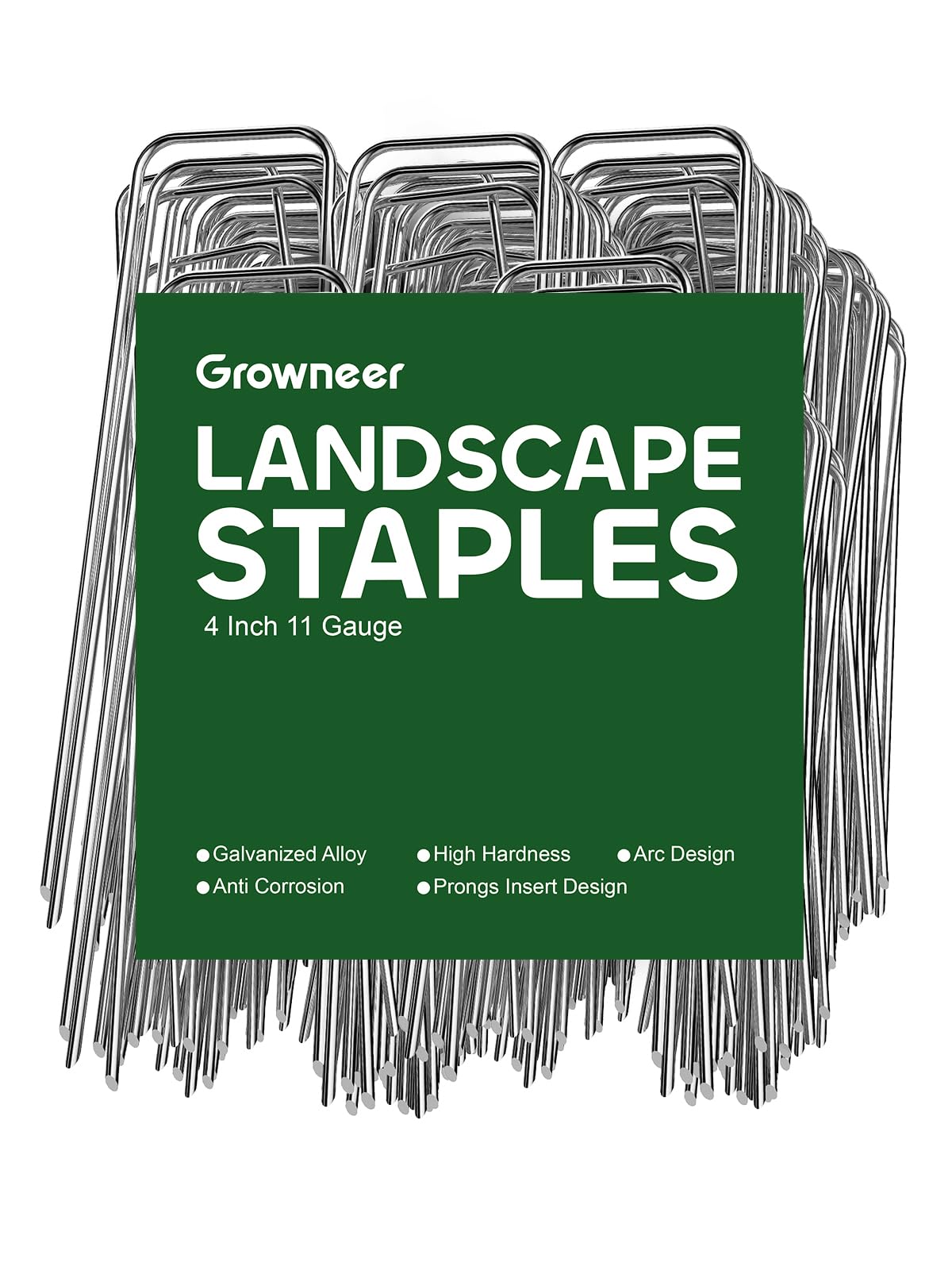 Growneer 100-pack landscape stakes hold weed fabric flat for tidy edges.