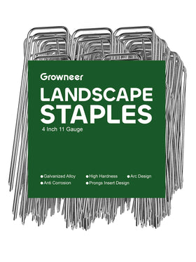 Growneer 100-pack landscape stakes hold weed fabric flat for tidy edges.