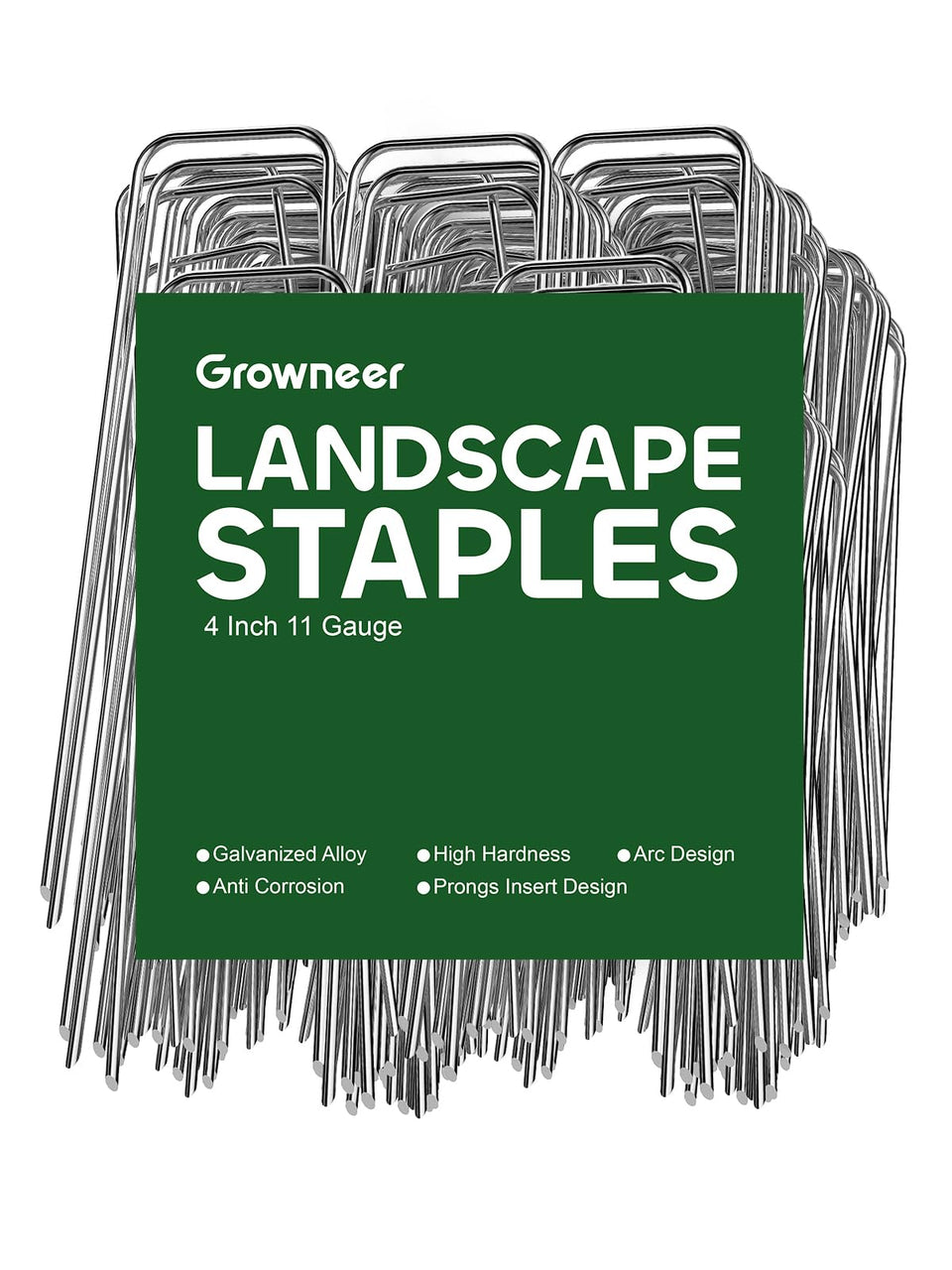 Growneer 100-pack landscape stakes hold weed fabric flat for tidy edges.