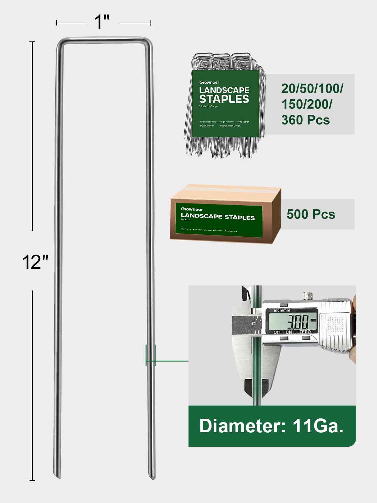 GROWNEER 11ga stake closeup shows rust-resistant galvanized finish for outdoor use