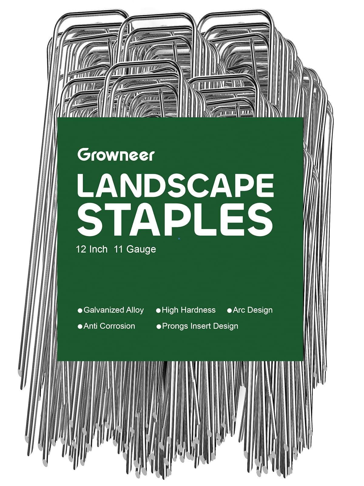 GROWNEER landscape stakes with sharp tips ready for soil penetration and weed barrier security.