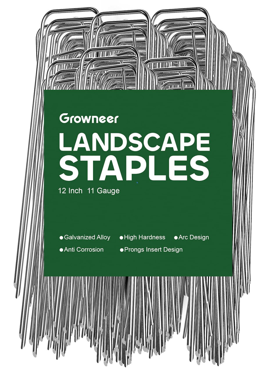 GROWNEER landscape stakes with sharp tips ready for soil penetration and weed barrier security.