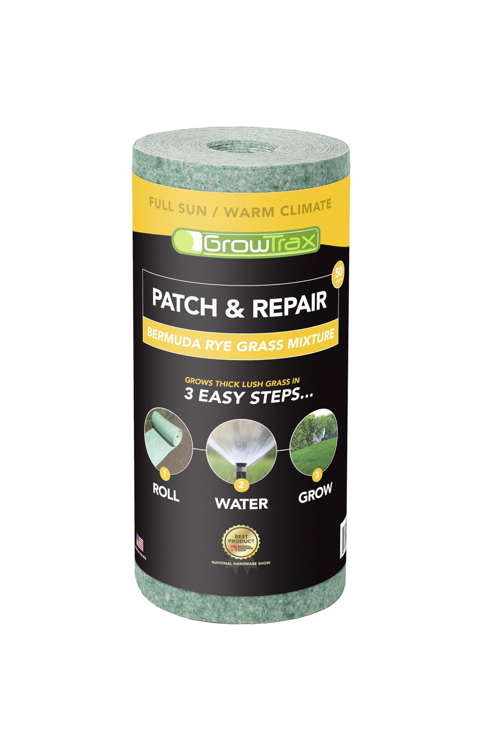Growtrax biodegradable grass seed roll with integrated seed and fertilizer for quick germination.