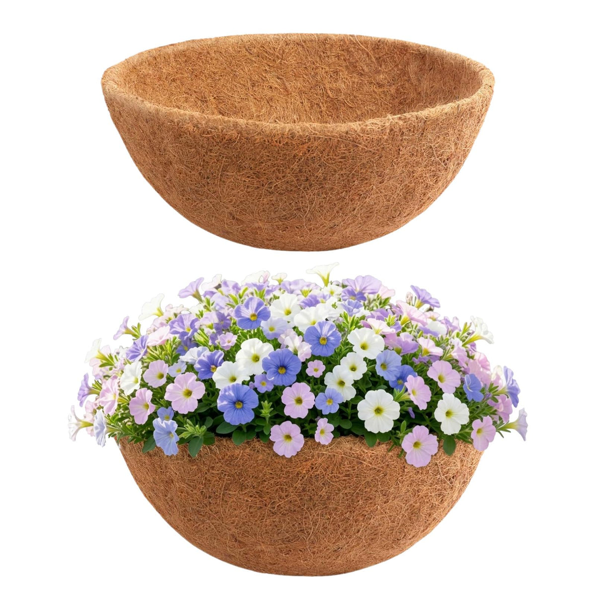 Growvy coco liner round 12in in action supports drainage and instant hanging basket setup
