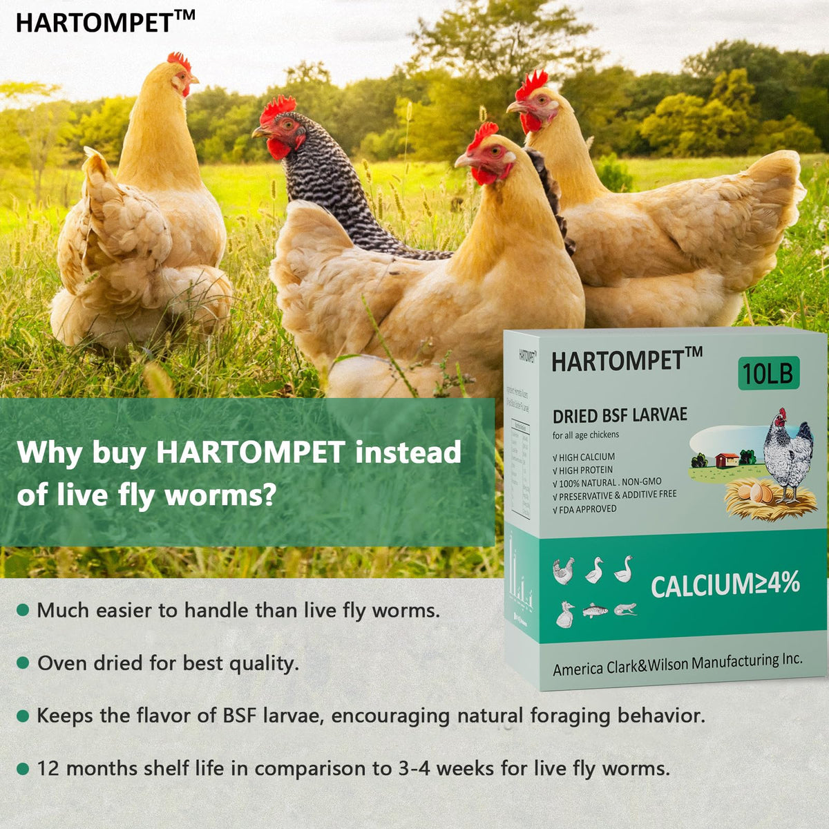GrubsFarm HARTOMPET nutrition label emphasizes calcium, protein, and fat content.