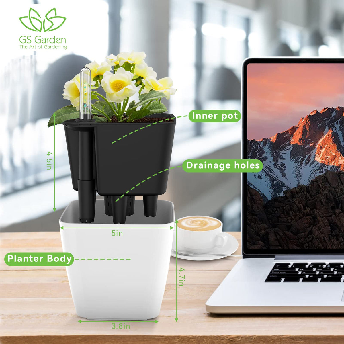 GS Garden white 5-inch planter suited for an office desk plant care.