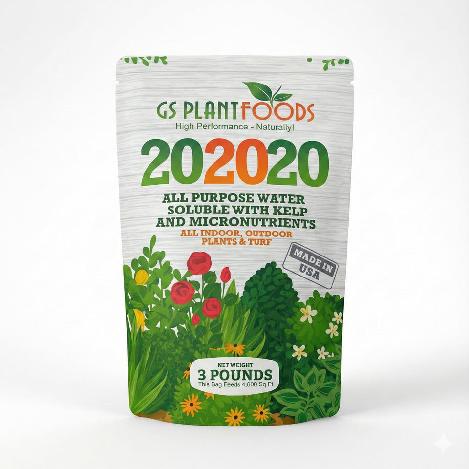 GS Plant Foods all-purpose 20-20-20 fertilizer bottle supports balanced plant growth
