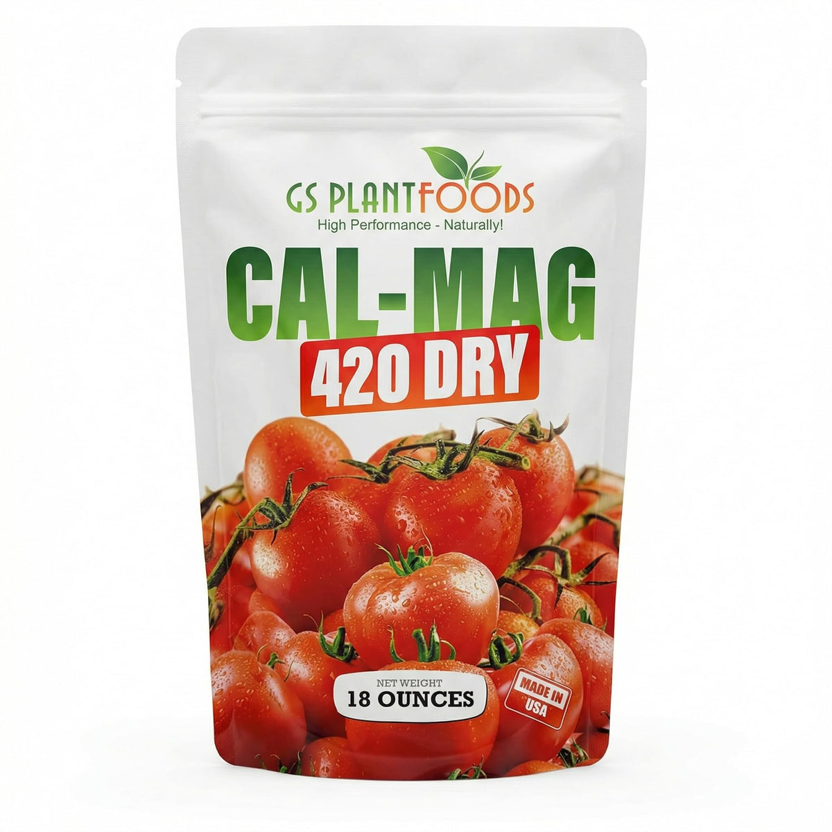 GS Plant Foods Cal-Mag 420 Dry bottle showing complete nutrient blend for soil and hydro systems.