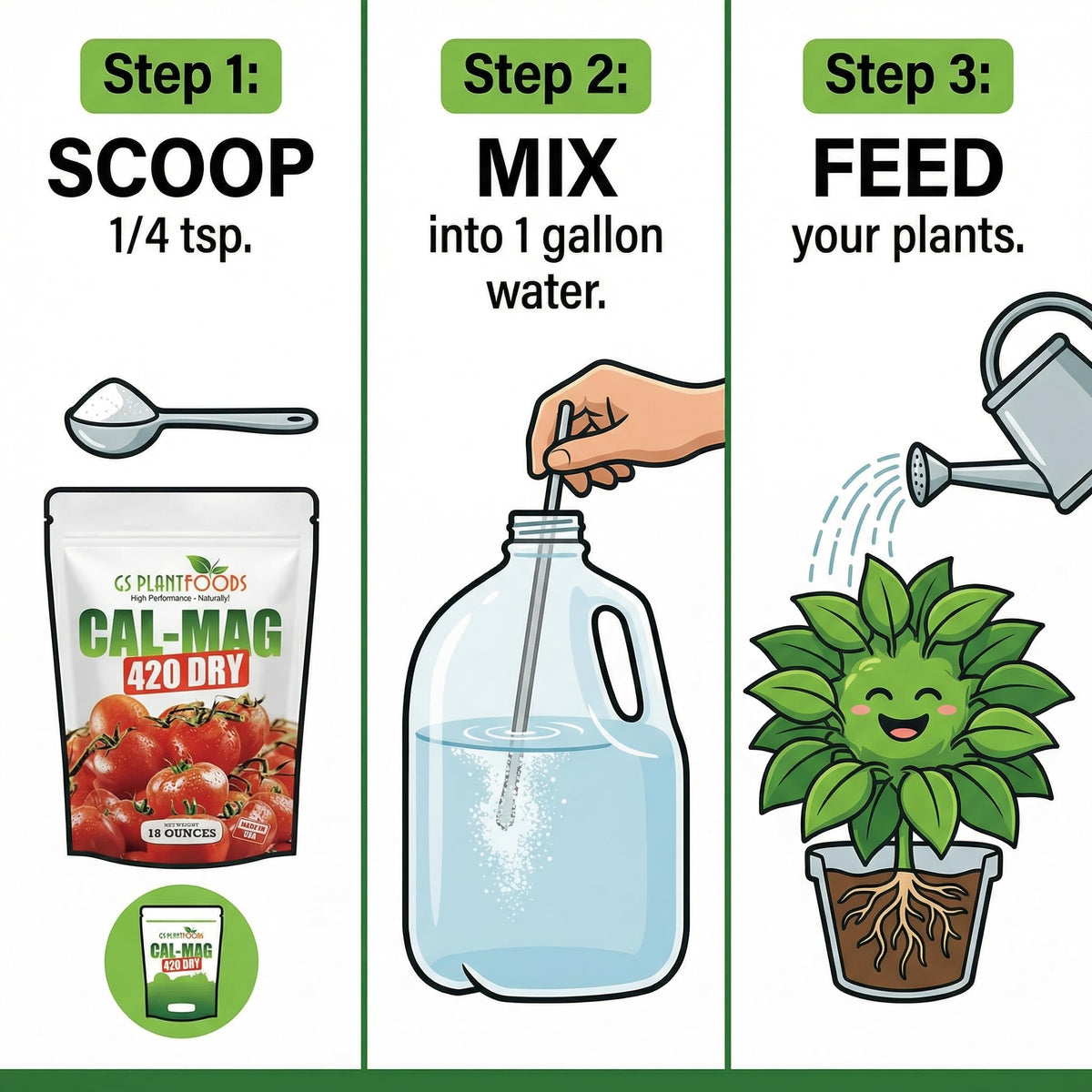 GS Plant Foods Cal-Mag 420 Dry ideal for container gardens and irrigation setups.